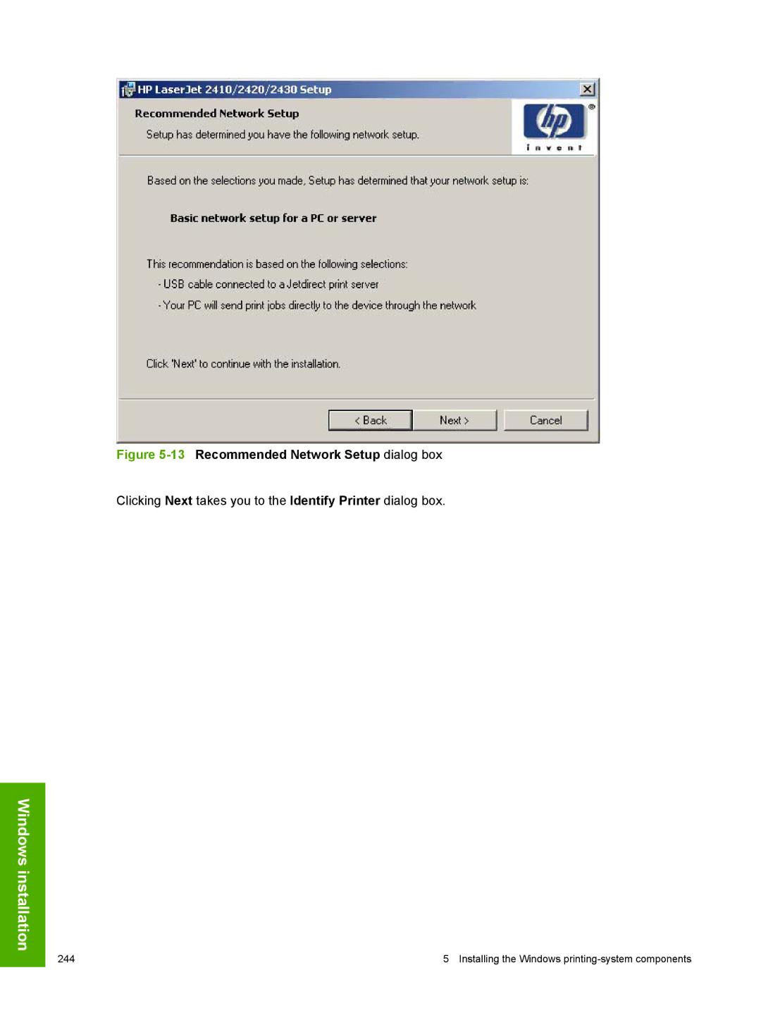 HP 2410 manual 13Recommended Network Setup dialog box 