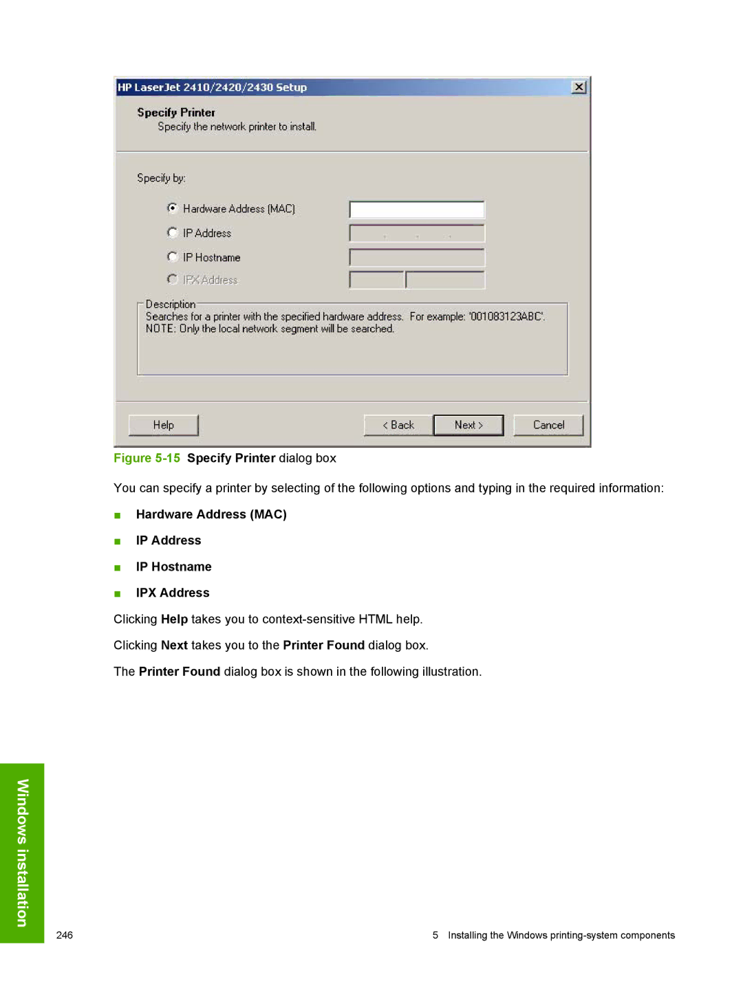 HP 2410 manual 15Specify Printer dialog box, Hardware Address MAC IP Address IP Hostname IPX Address 