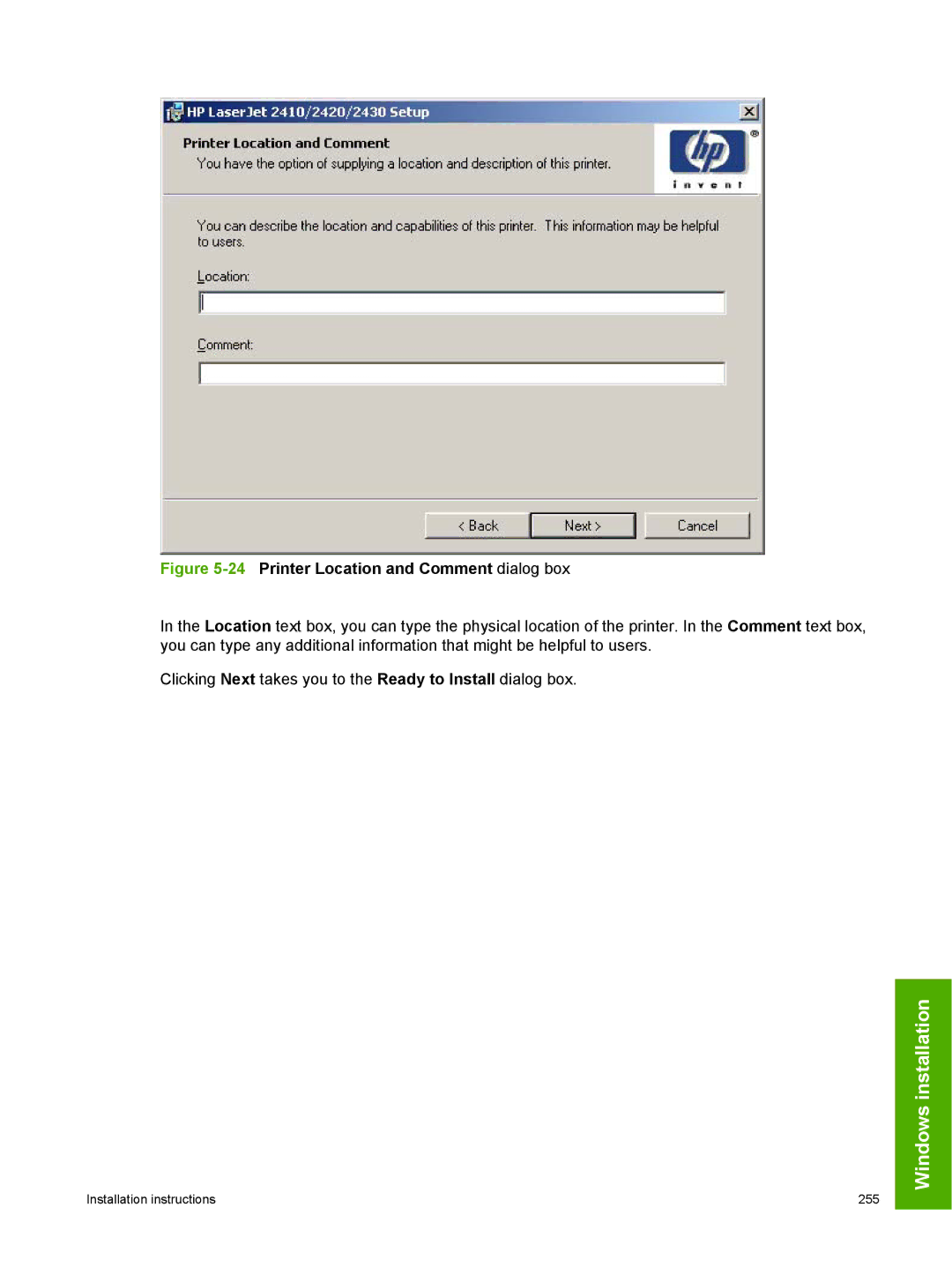 HP 2410 manual 24Printer Location and Comment dialog box 