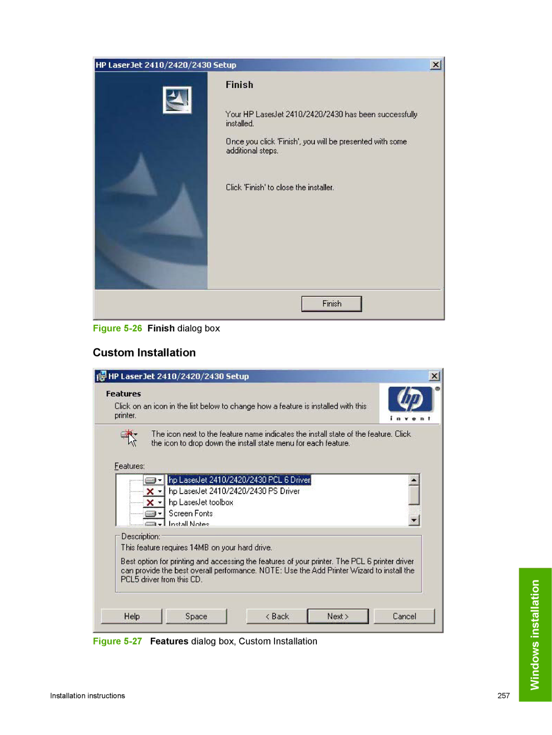 HP 2410 manual Custom Installation, Finish dialog box 