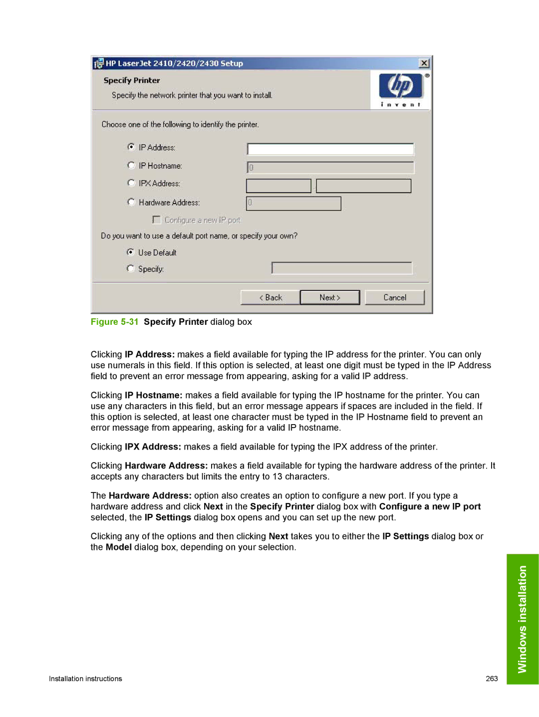 HP 2410 manual 31Specify Printer dialog box 