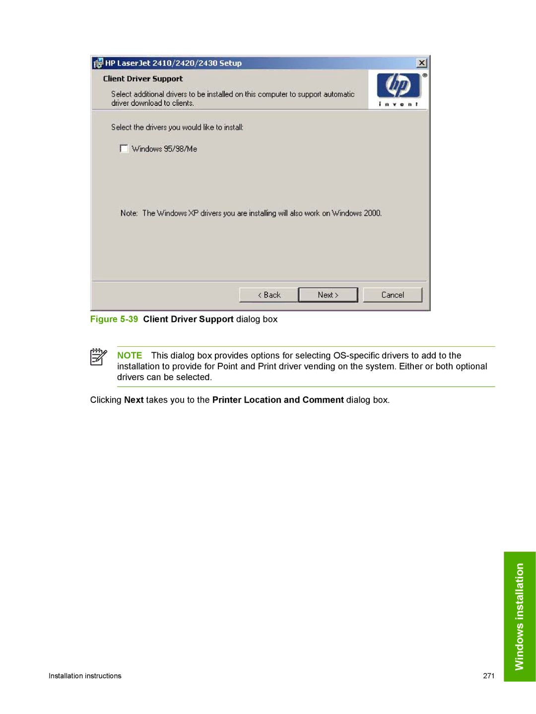 HP 2410 manual 39Client Driver Support dialog box 