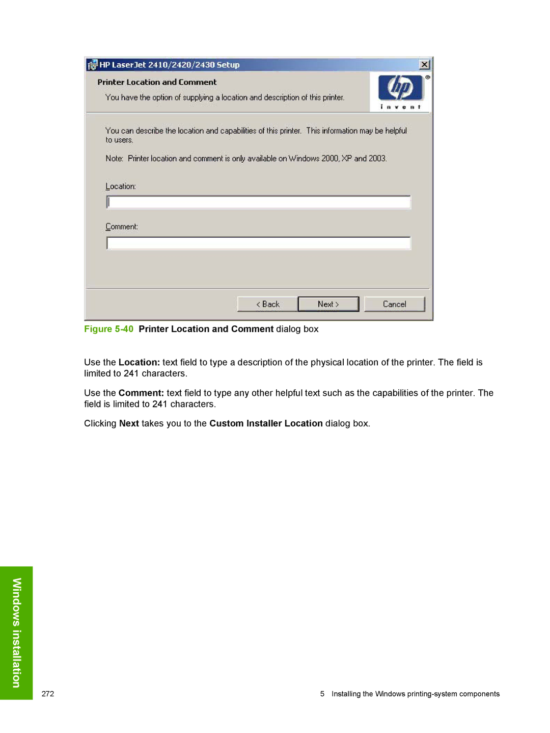 HP 2410 manual 40Printer Location and Comment dialog box 