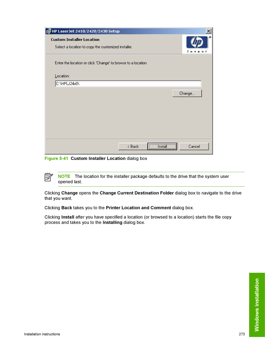 HP 2410 manual 41Custom Installer Location dialog box 