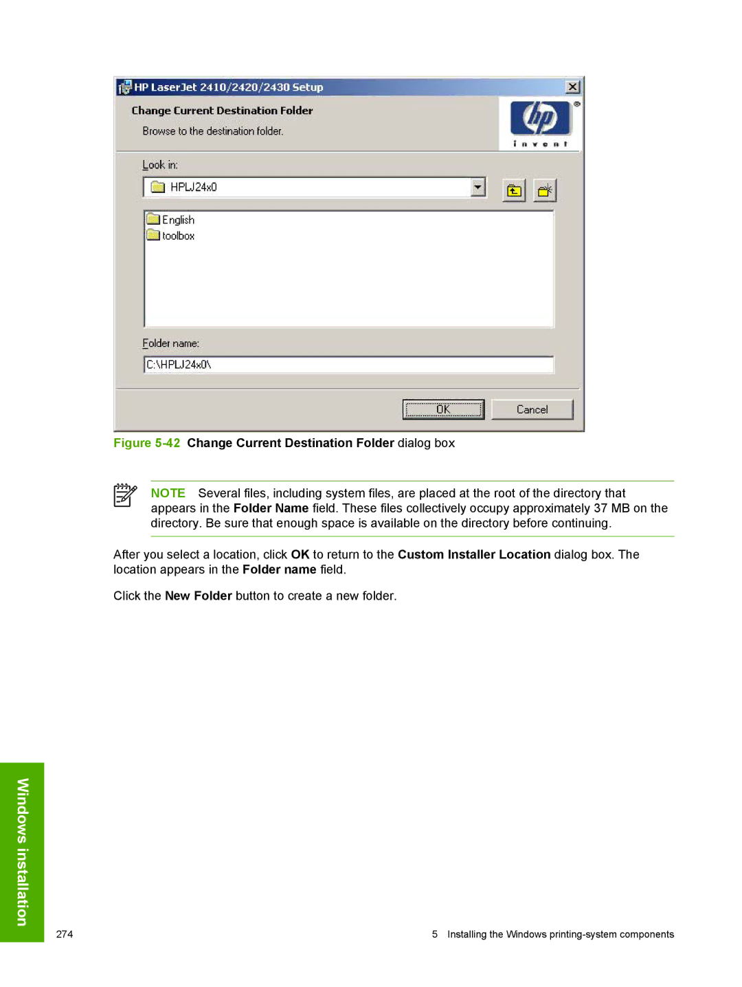 HP 2410 manual 42Change Current Destination Folder dialog box 