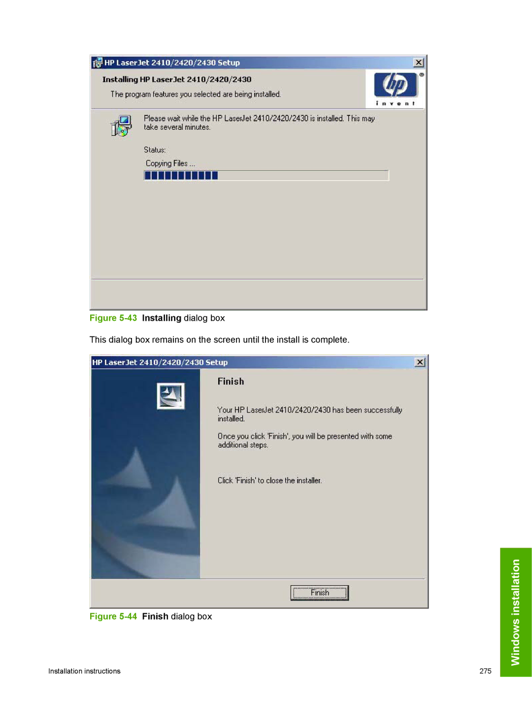 HP 2410 manual Installing dialog box 