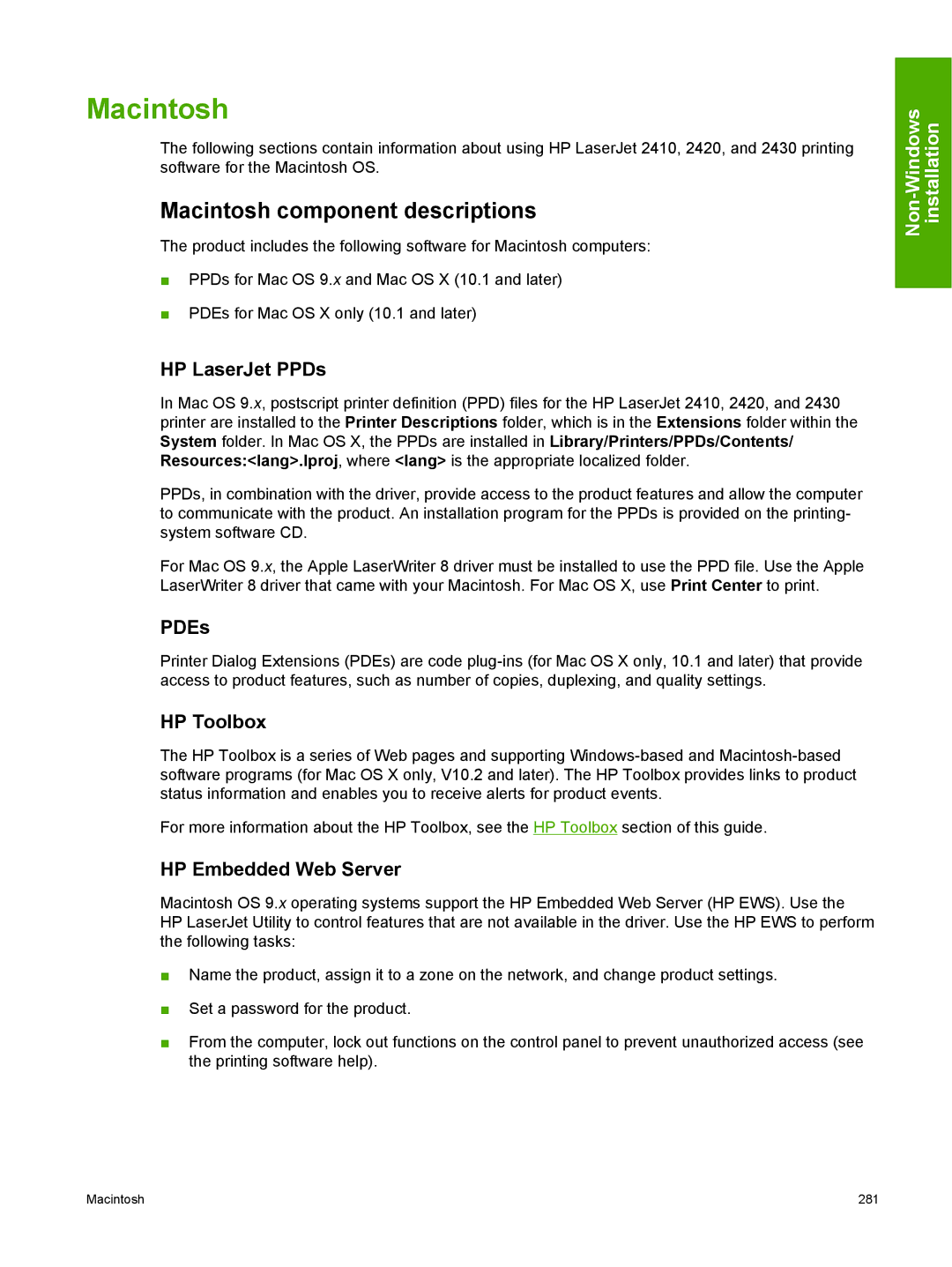 HP 2410 manual Macintosh component descriptions, HP LaserJet PPDs, PDEs, HP Toolbox, HP Embedded Web Server 