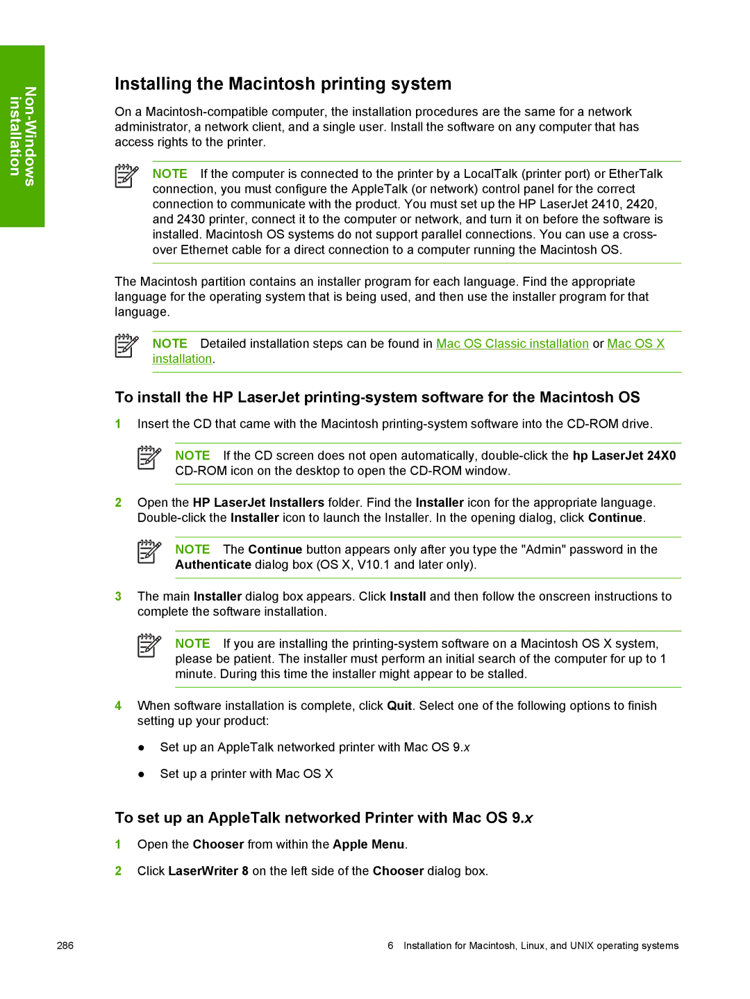 HP 2410 manual Installing the Macintosh printing system, To set up an AppleTalk networked Printer with Mac OS 