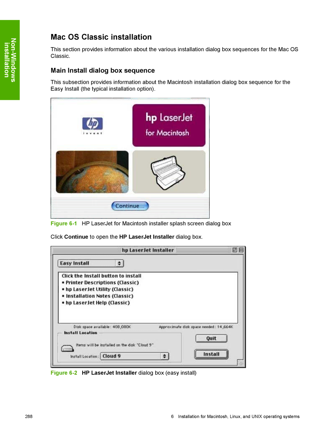 HP 2410 manual Mac OS Classic installation, Main Install dialog box sequence 