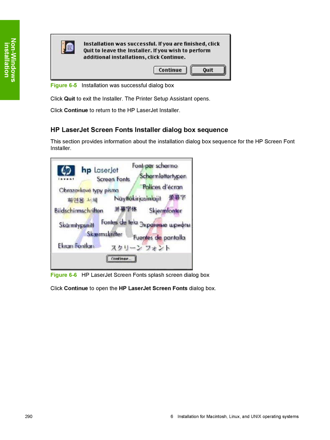 HP 2410 manual HP LaserJet Screen Fonts Installer dialog box sequence, 6HP LaserJet Screen Fonts splash screen dialog box 