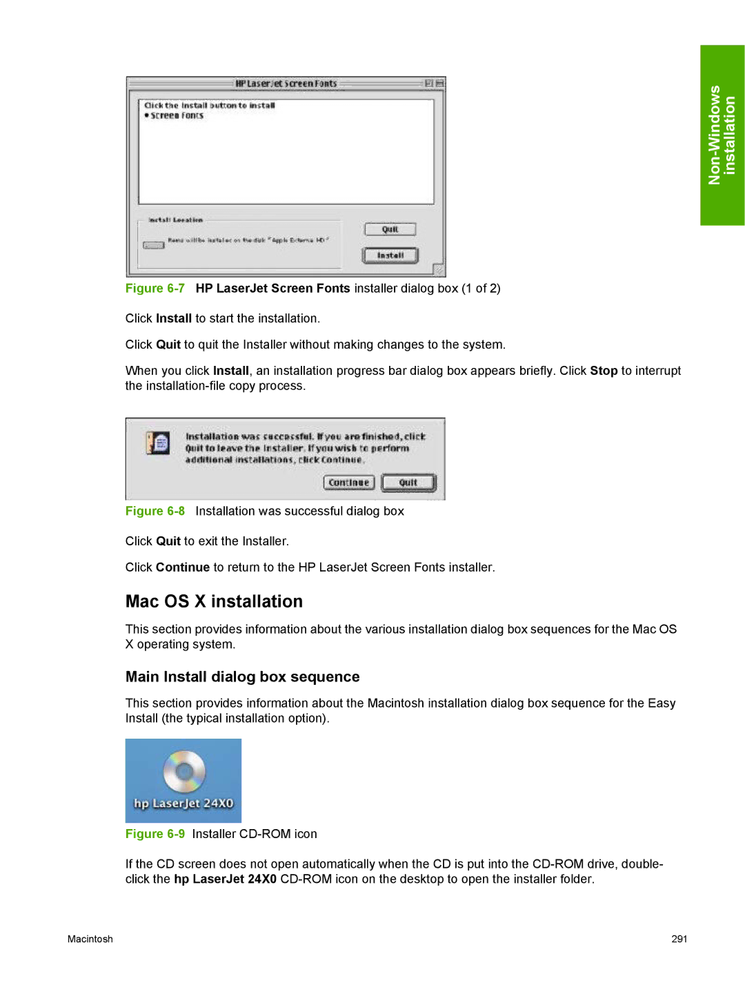 HP 2410 manual Mac OS X installation, Main Install dialog box sequence 