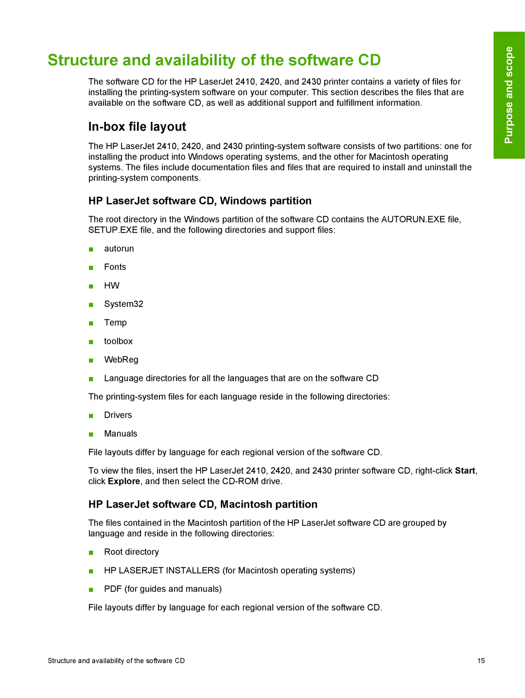 HP 2410 manual In-box file layout, HP LaserJet software CD, Windows partition, HP LaserJet software CD, Macintosh partition 