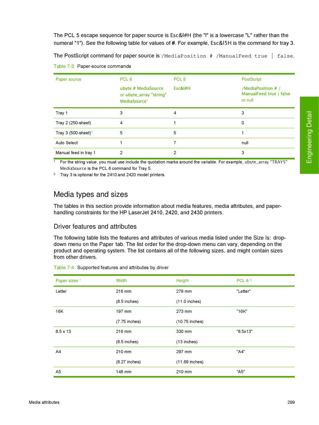 HP 2410 manual Media types and sizes, Driver features and attributes, 3Paper-source commands 