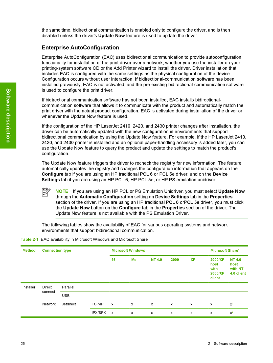 HP 2410 manual Enterprise AutoConfiguration, 1EAC availability in Microsoft Windows and Microsoft Share 