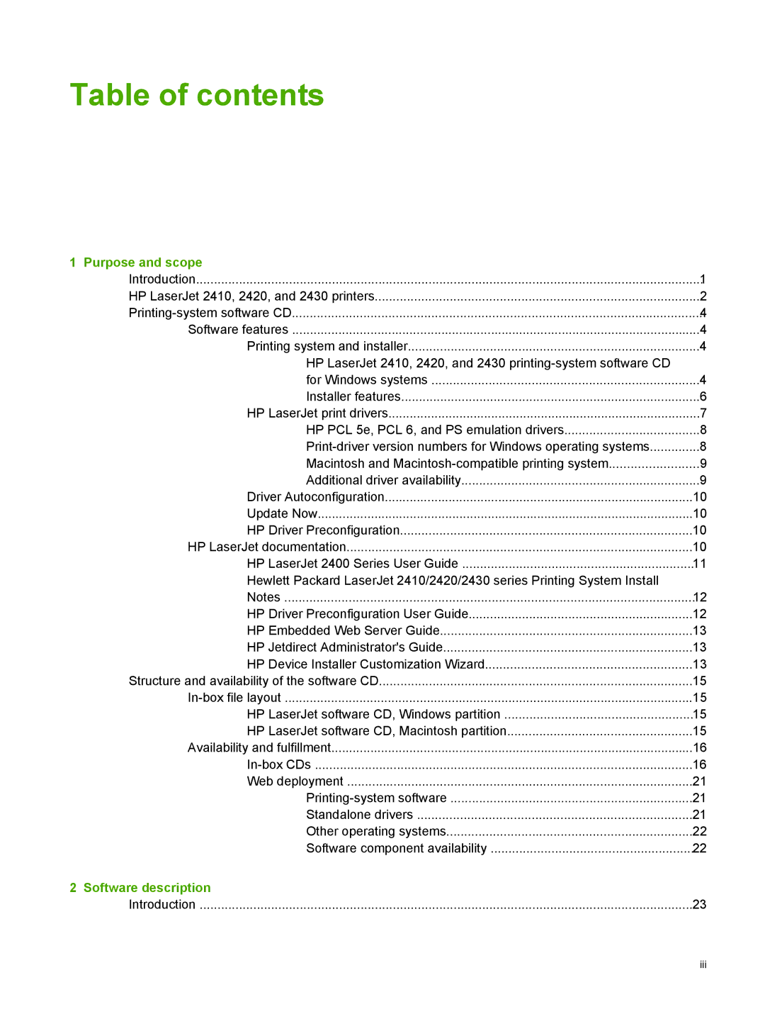 HP 2410 manual Table of contents 