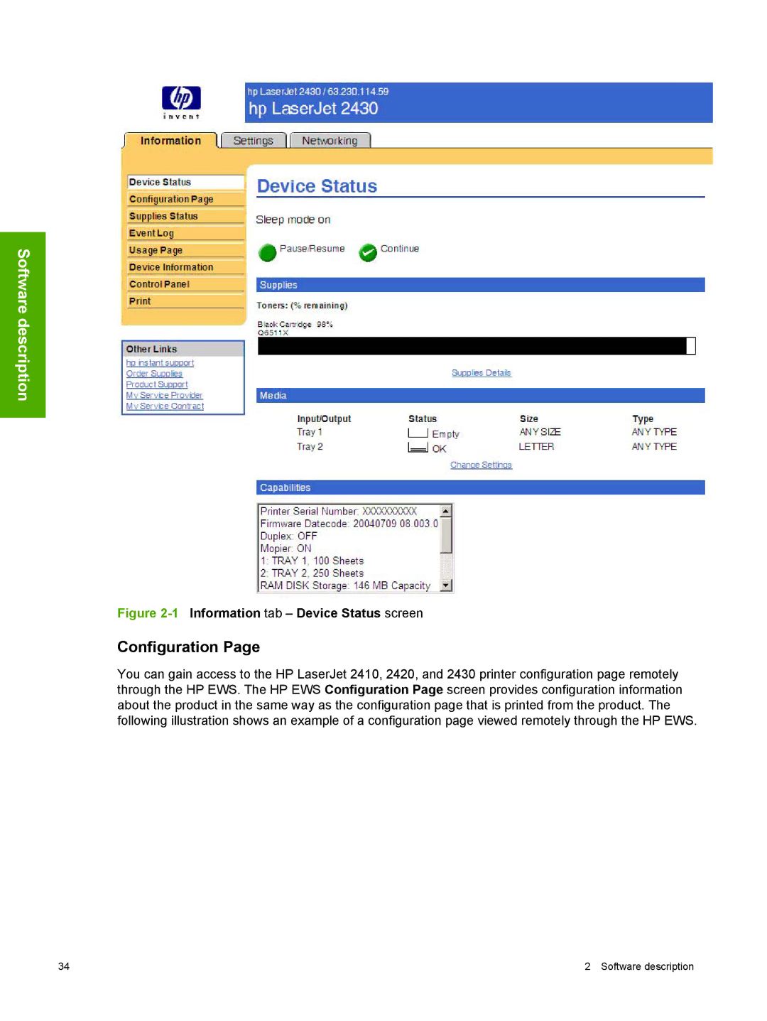 HP 2410 manual Configuration, 1Information tab Device Status screen 