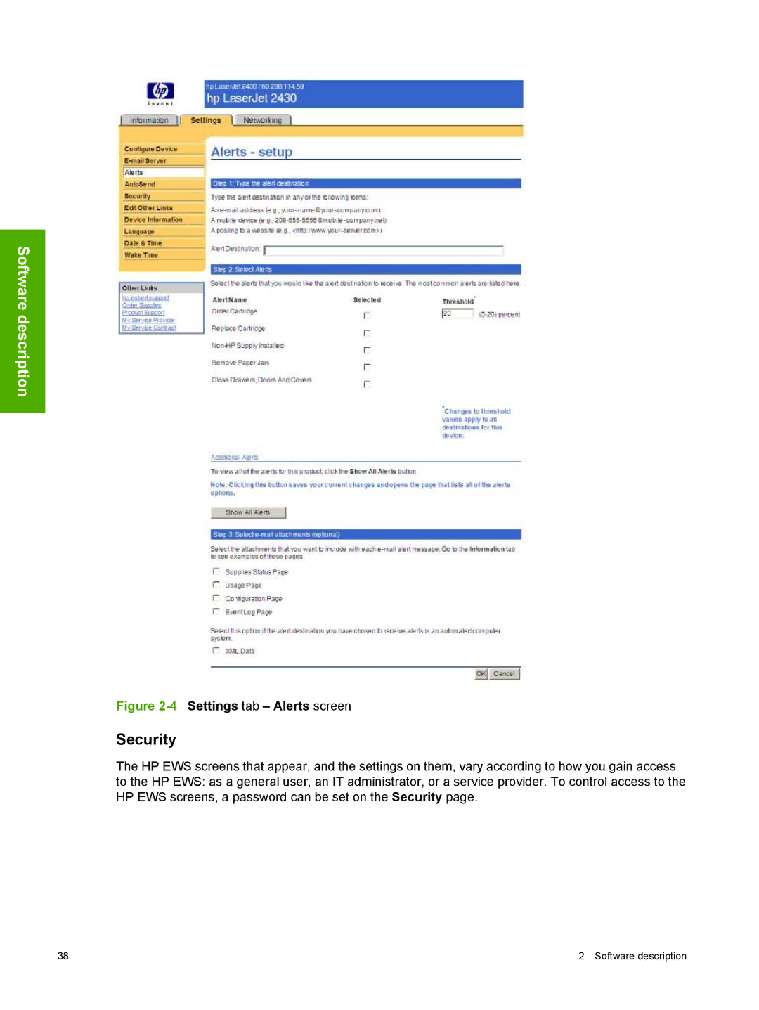 HP 2410 manual Security, 4Settings tab Alerts screen 