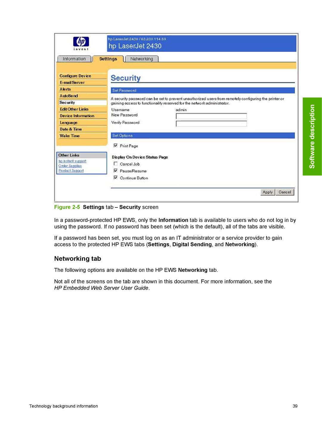 HP 2410 manual Networking tab, 5Settings tab Security screen 