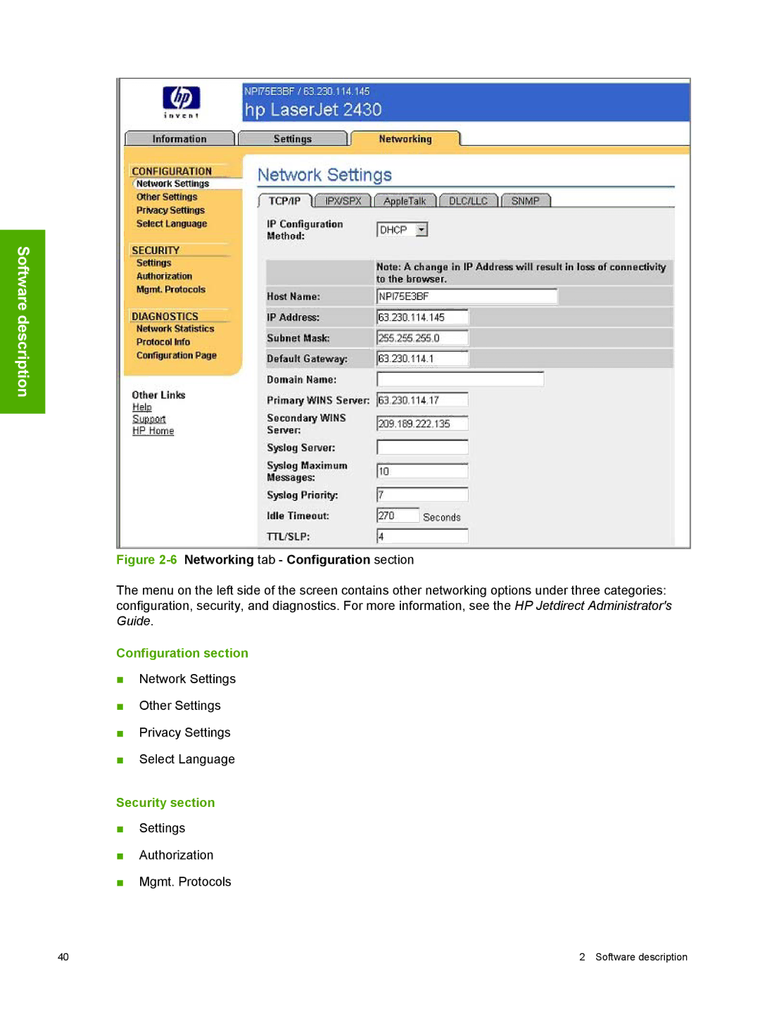 HP 2410 manual Configuration section, Security section 