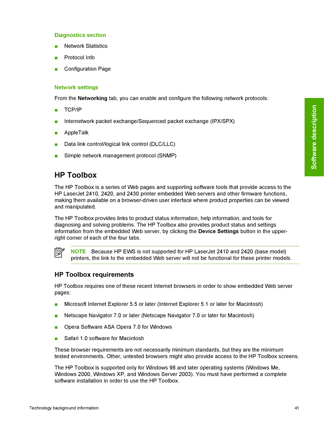 HP 2410 manual HP Toolbox requirements, Diagnostics section, Network settings 