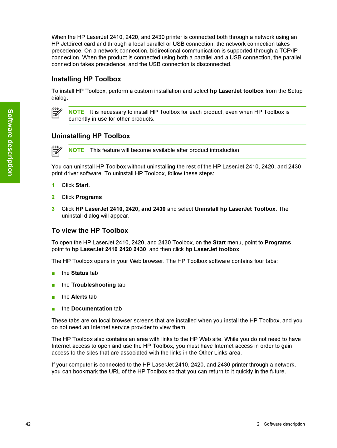 HP 2410 Installing HP Toolbox, Uninstalling HP Toolbox, To view the HP Toolbox, Troubleshooting tab, Documentation tab 