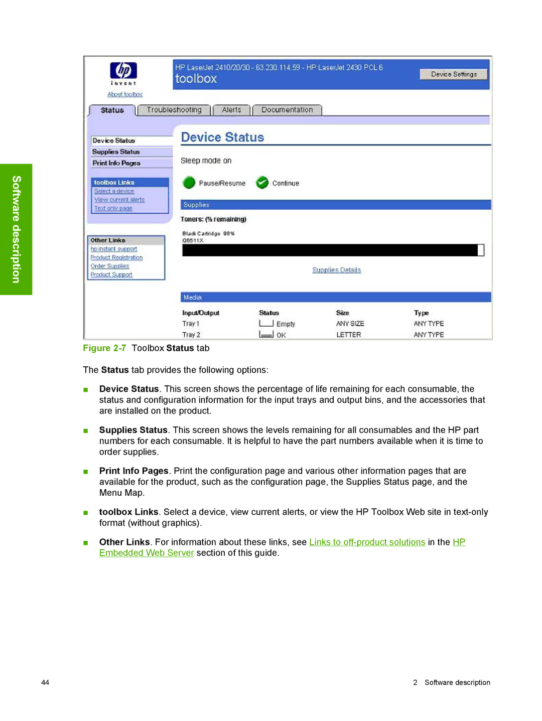 HP 2410 manual Toolbox Status tab 