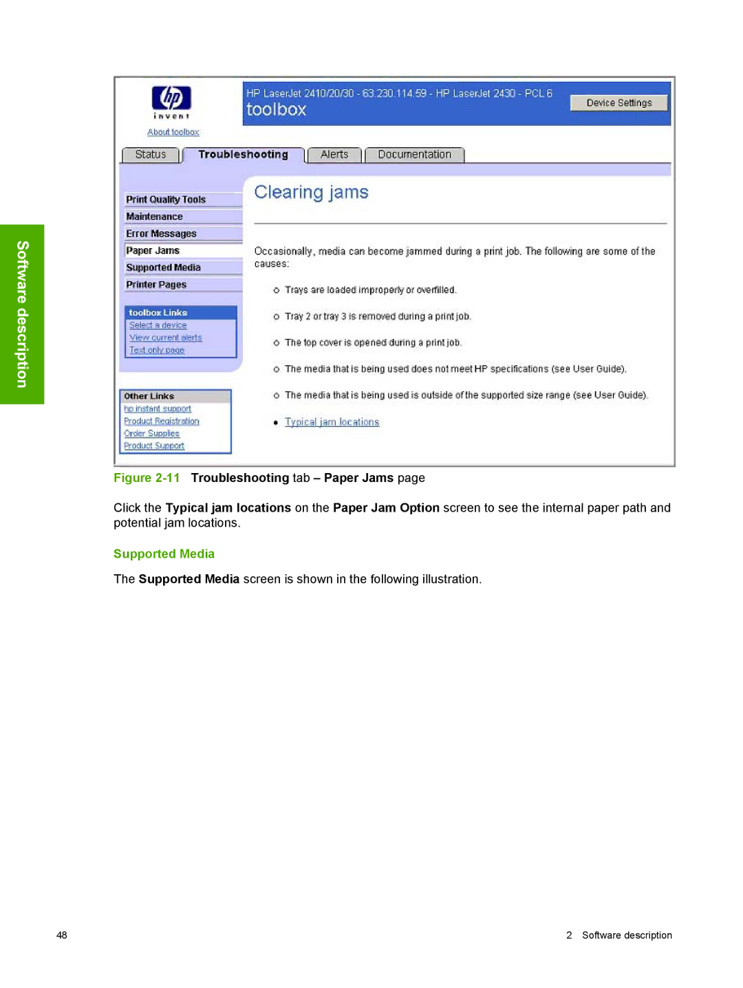 HP 2410 manual 11Troubleshooting tab Paper Jams, Supported Media 