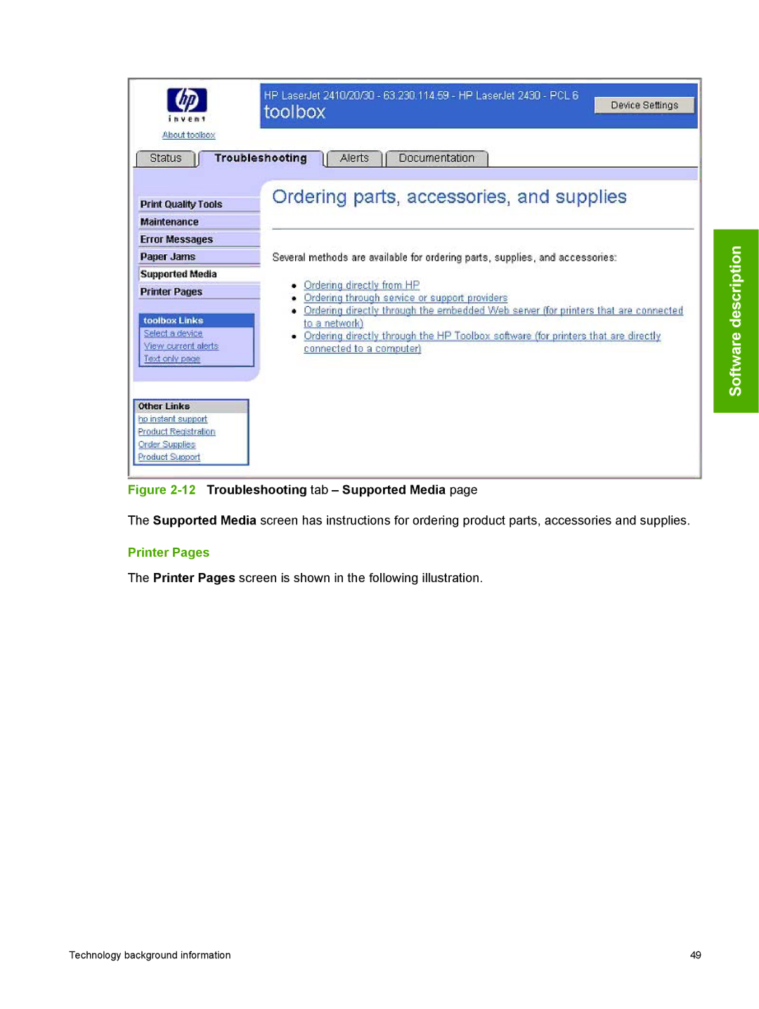 HP 2410 manual 12Troubleshooting tab Supported Media, Printer Pages 