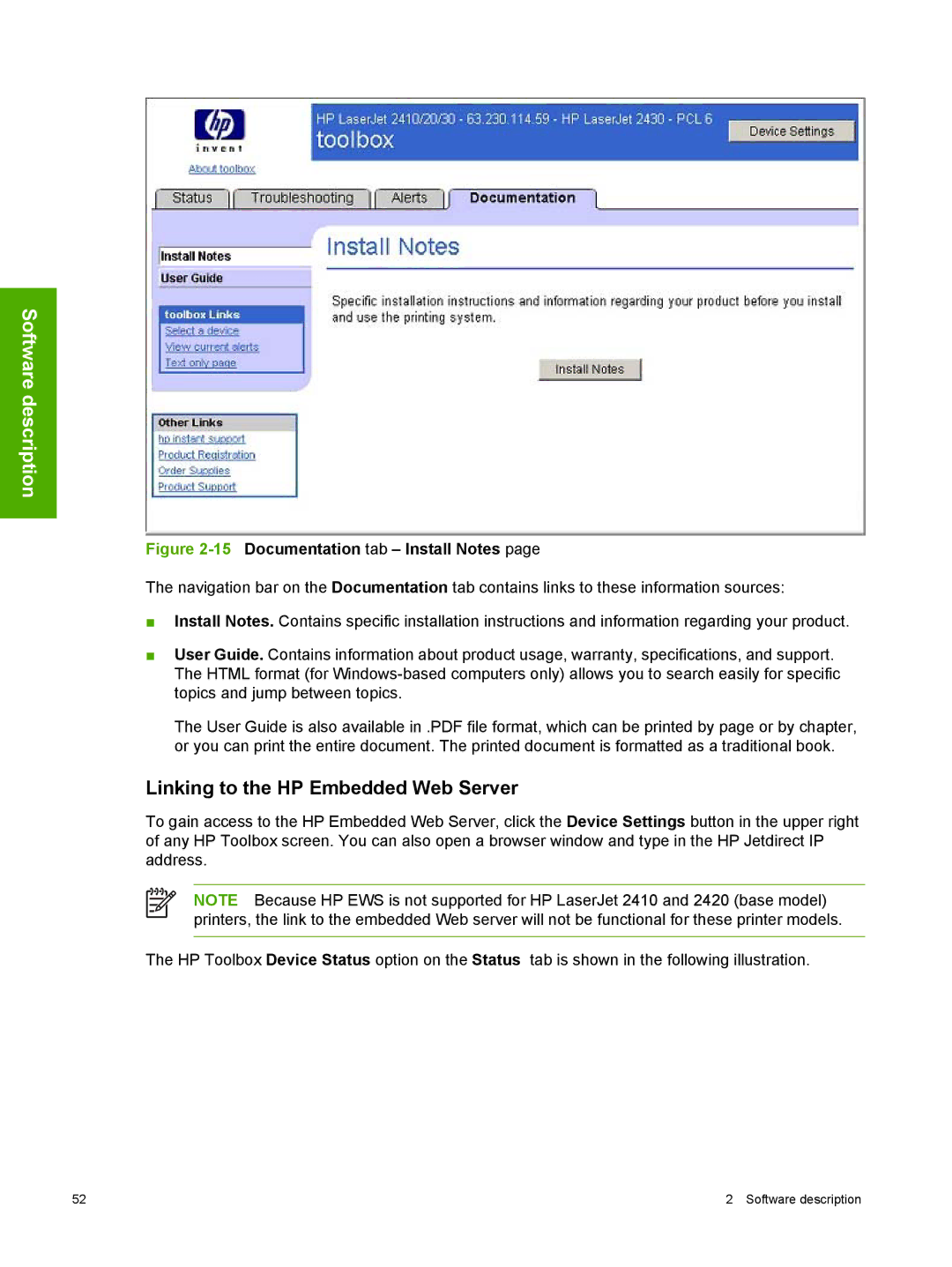 HP 2410 manual Linking to the HP Embedded Web Server, 15Documentation tab Install Notes 