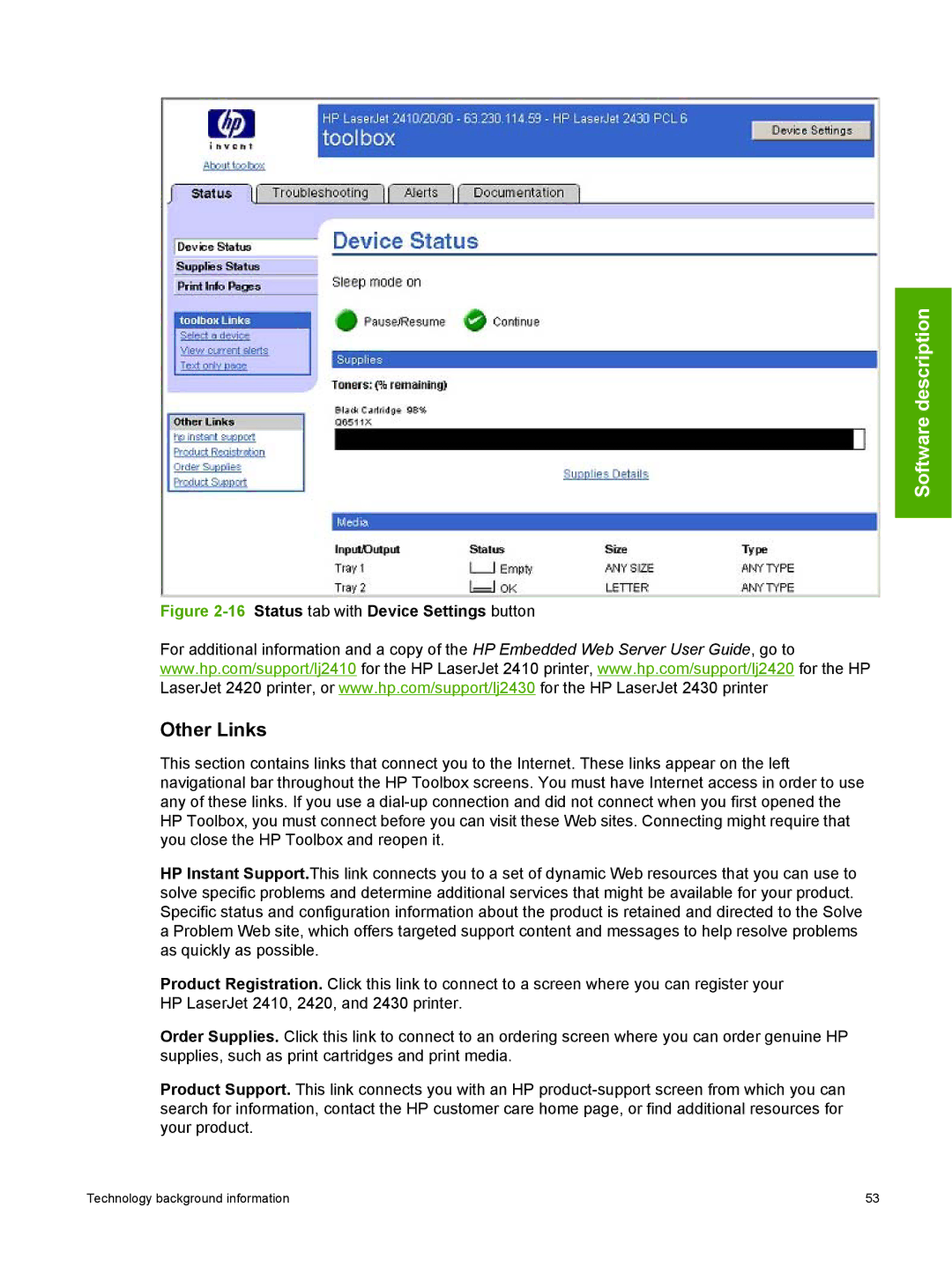 HP 2410 manual Other Links, 16Status tab with Device Settings button 