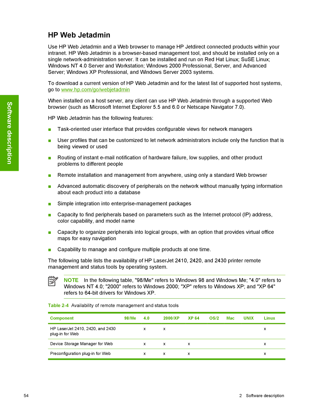 HP 2410 manual HP Web Jetadmin, 4Availability of remote management and status tools 