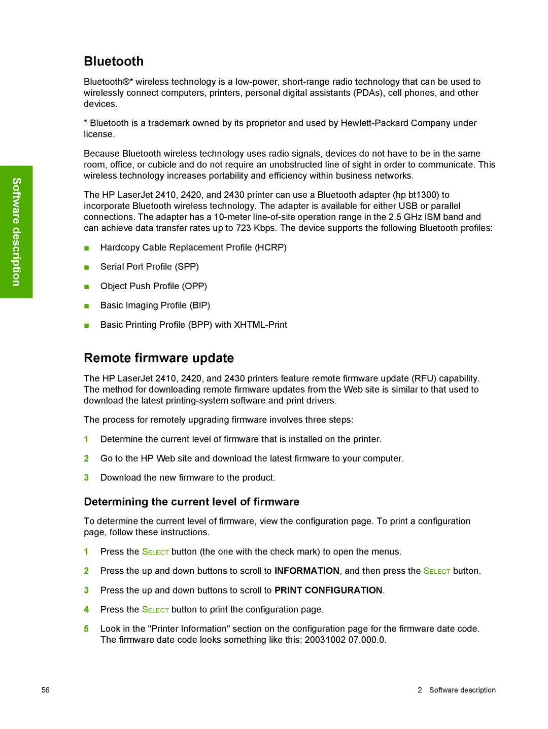 HP 2410 manual Bluetooth, Remote firmware update, Determining the current level of firmware 