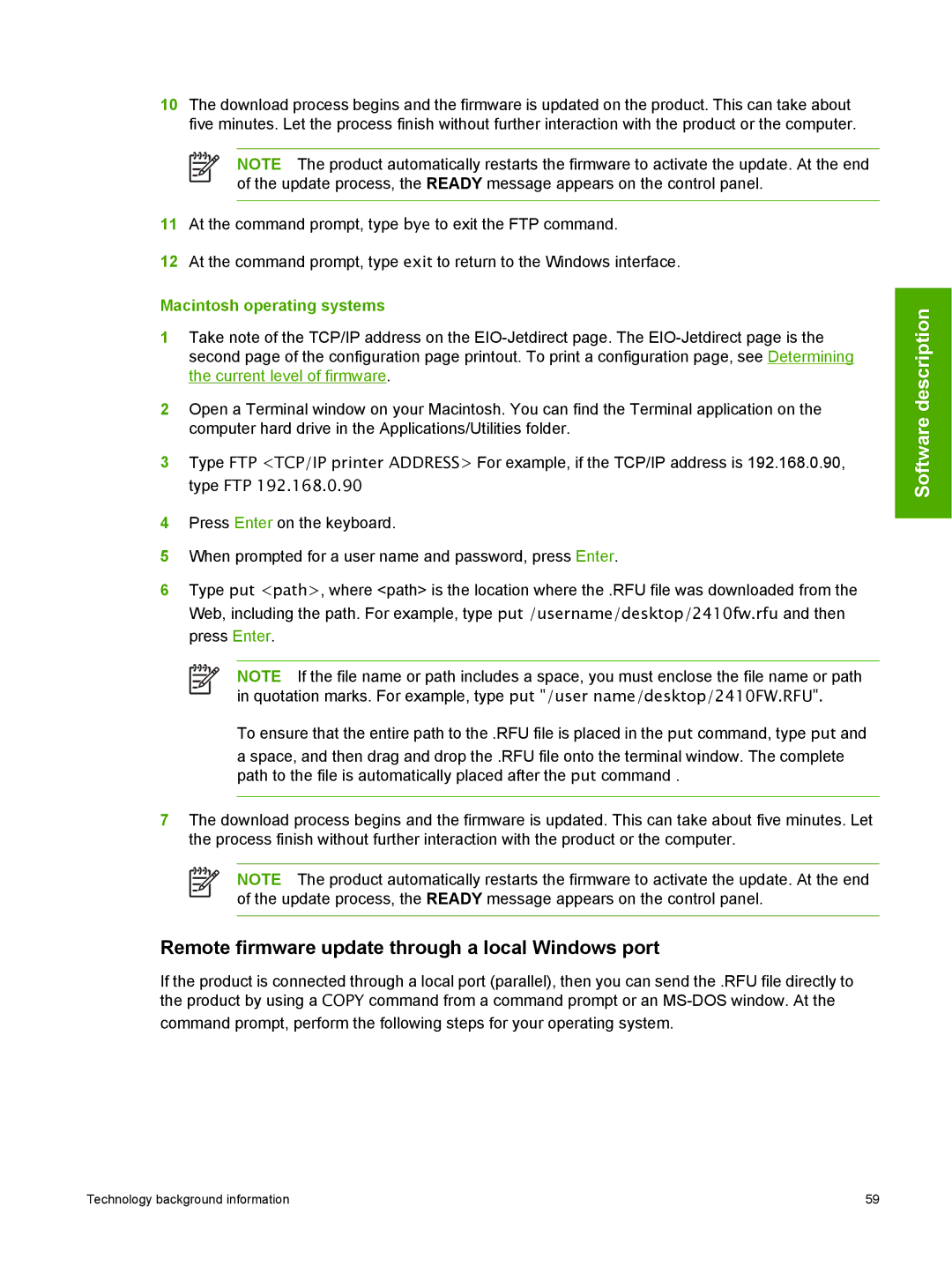 HP 2410 manual Remote firmware update through a local Windows port, Macintosh operating systems 