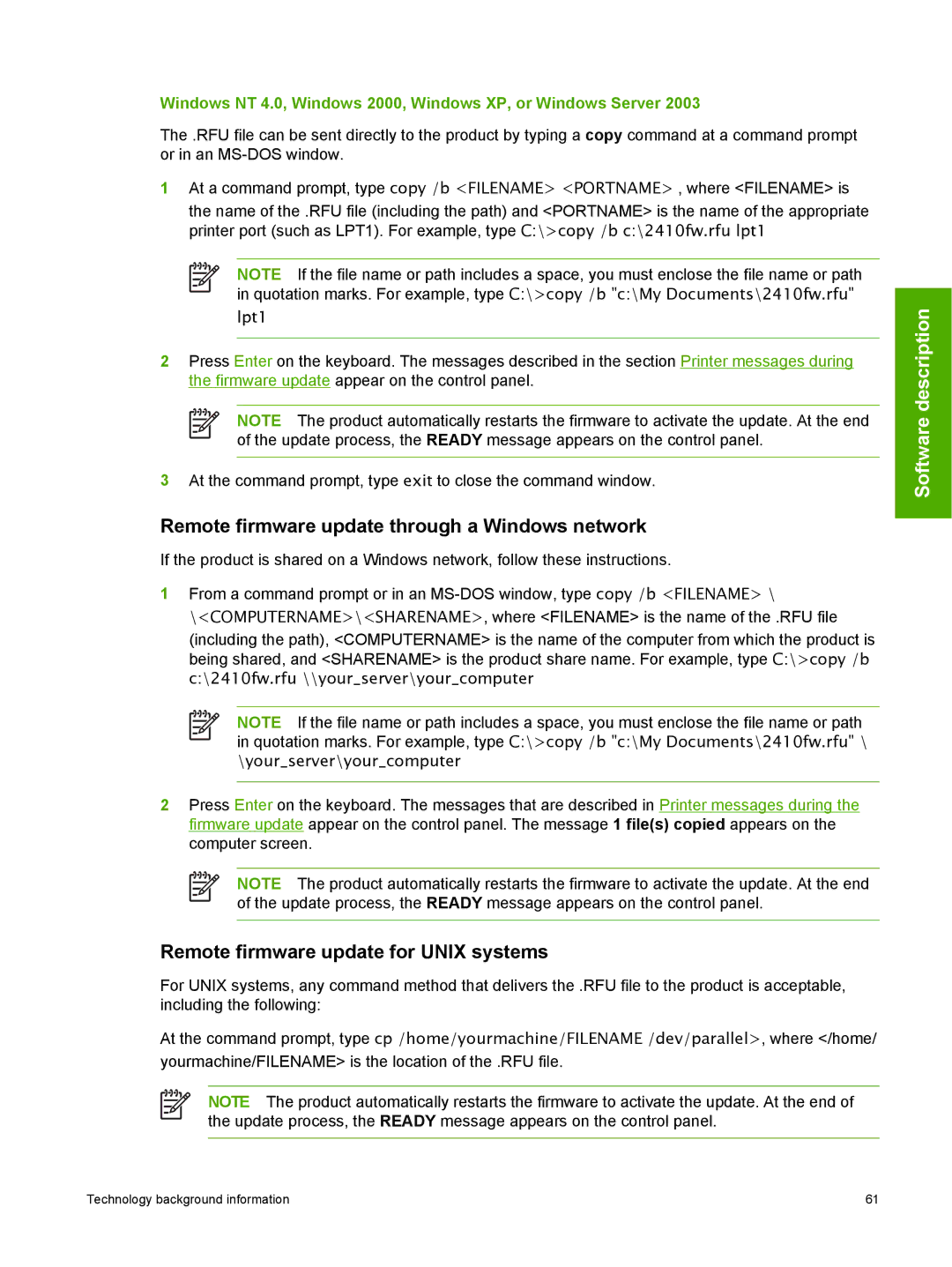 HP 2410 manual Remote firmware update through a Windows network, Remote firmware update for Unix systems 