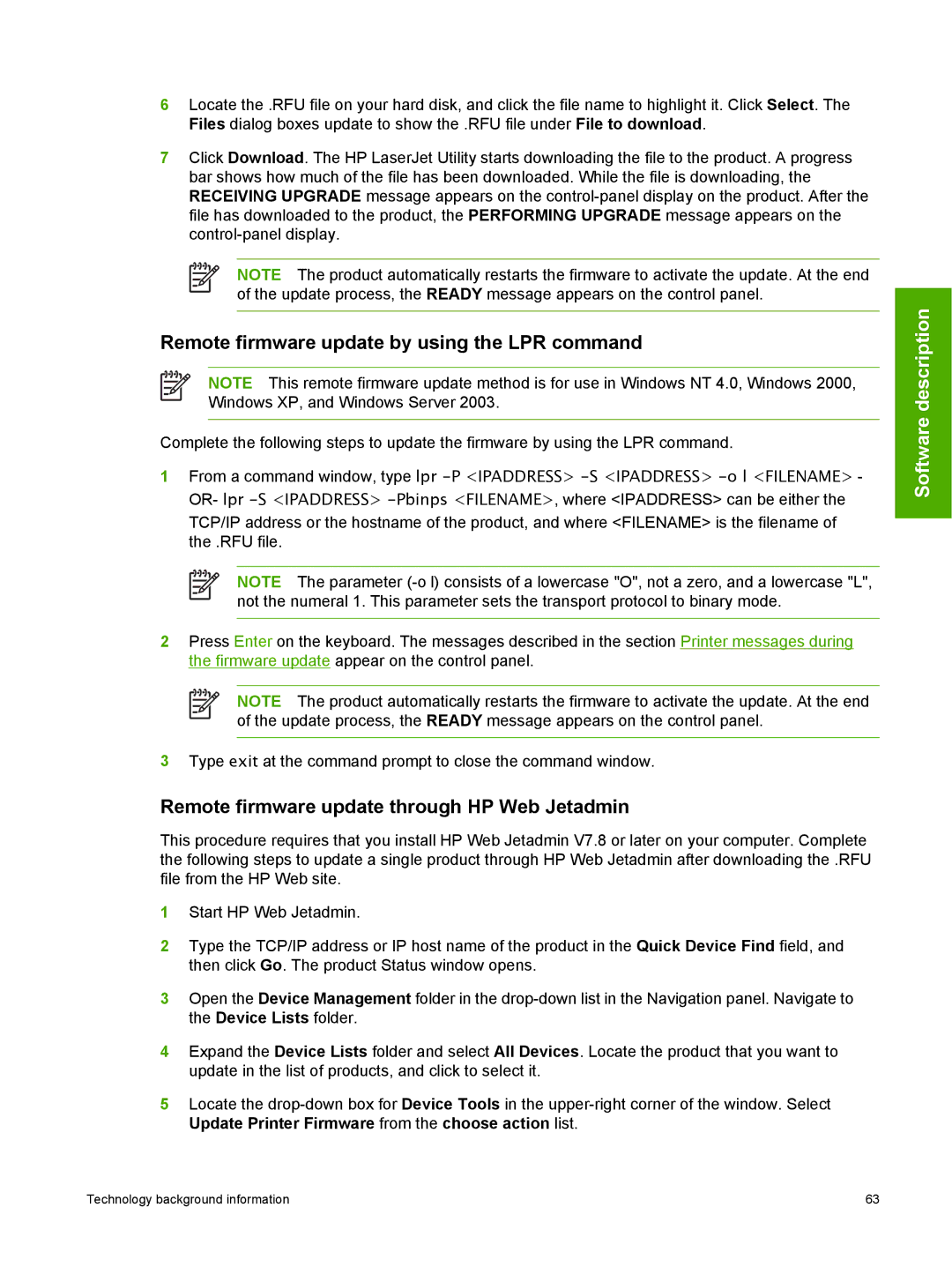 HP 2410 manual Remote firmware update by using the LPR command, Remote firmware update through HP Web Jetadmin 