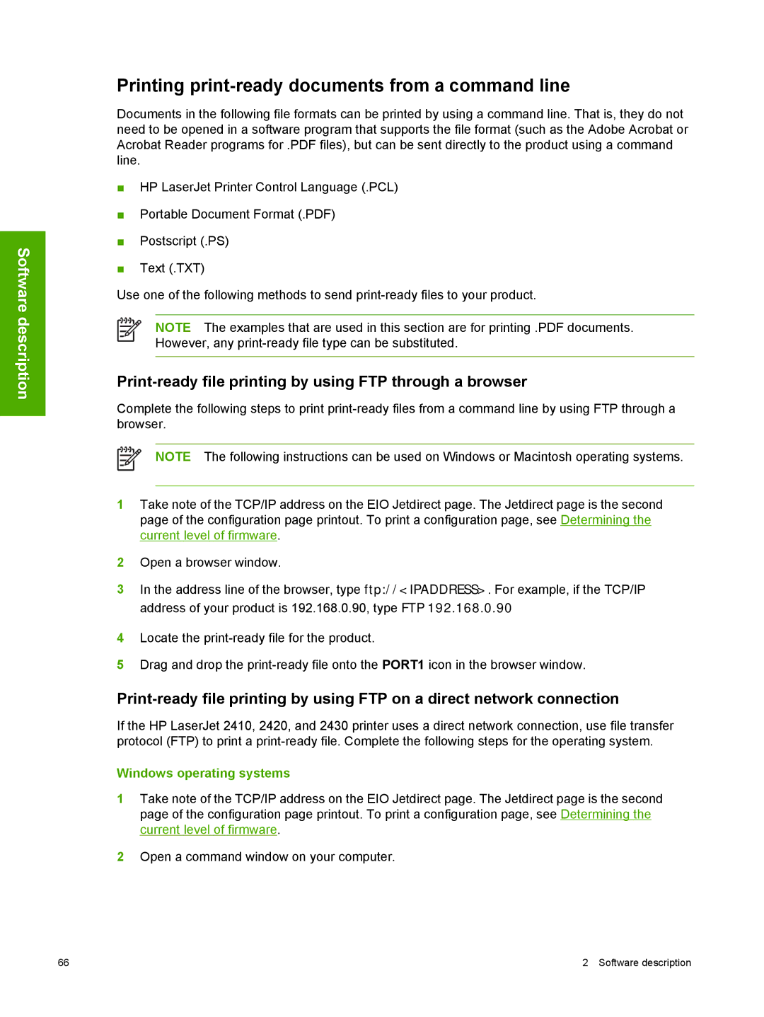 HP 2410 manual Printing print-ready documents from a command line, Print-ready file printing by using FTP through a browser 