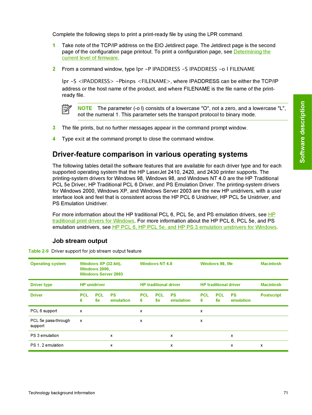 HP 2410 manual Driver-feature comparison in various operating systems, Job stream output 