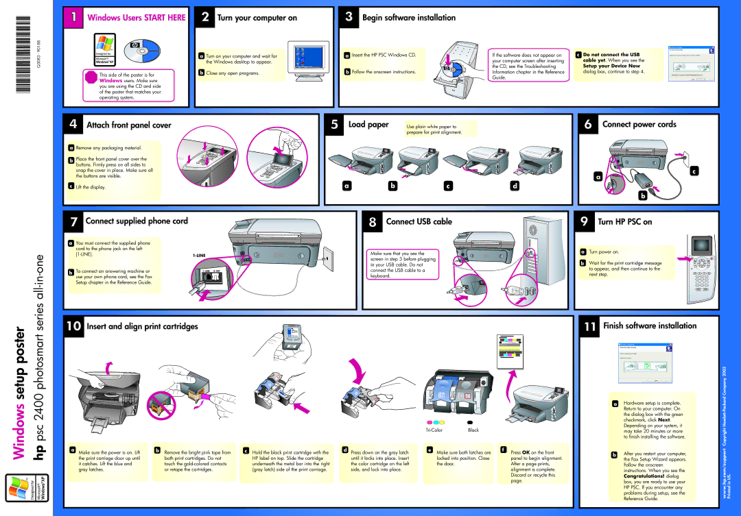 HP 2410v manual Begin software installation, Attach front panel cover, Connect supplied phone cord, Connect USB cable 