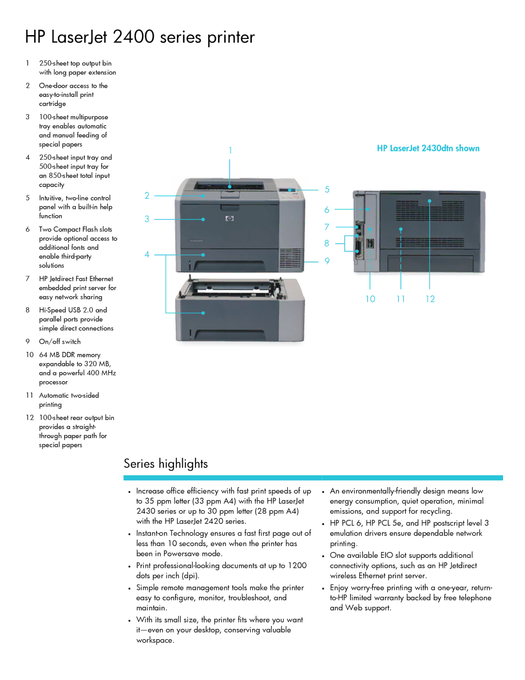 HP 2420n manual Series highlights, 1HP LaserJet 2430dtn shown 