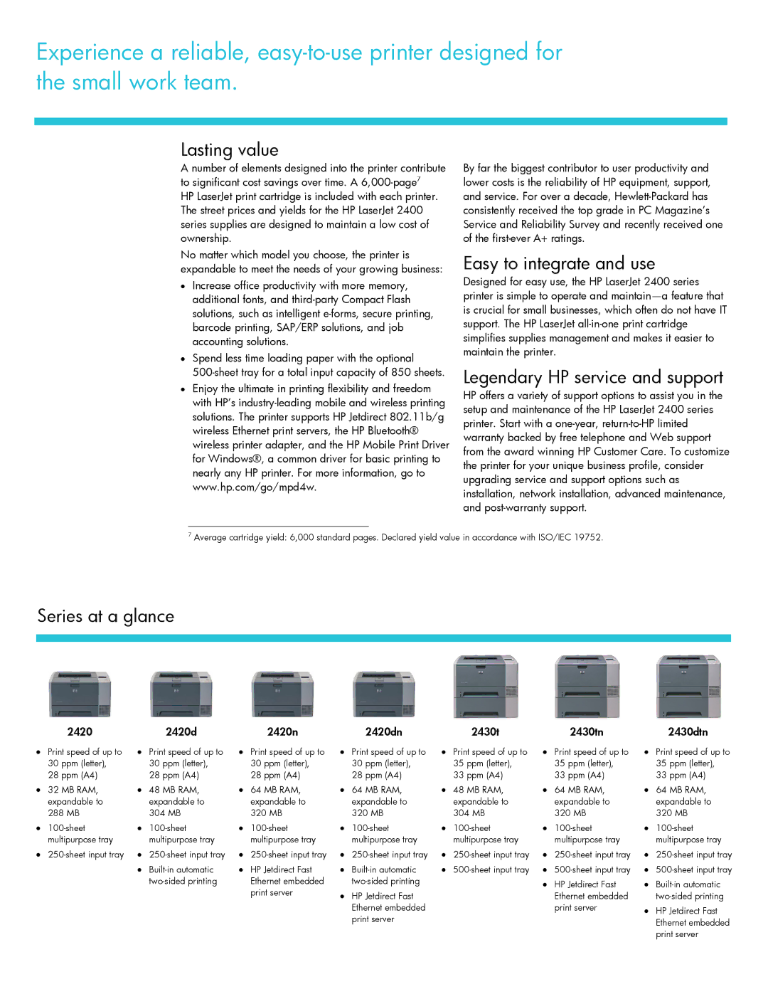 HP 2420n manual Lasting value, Easy to integrate and use, Series at a glance 