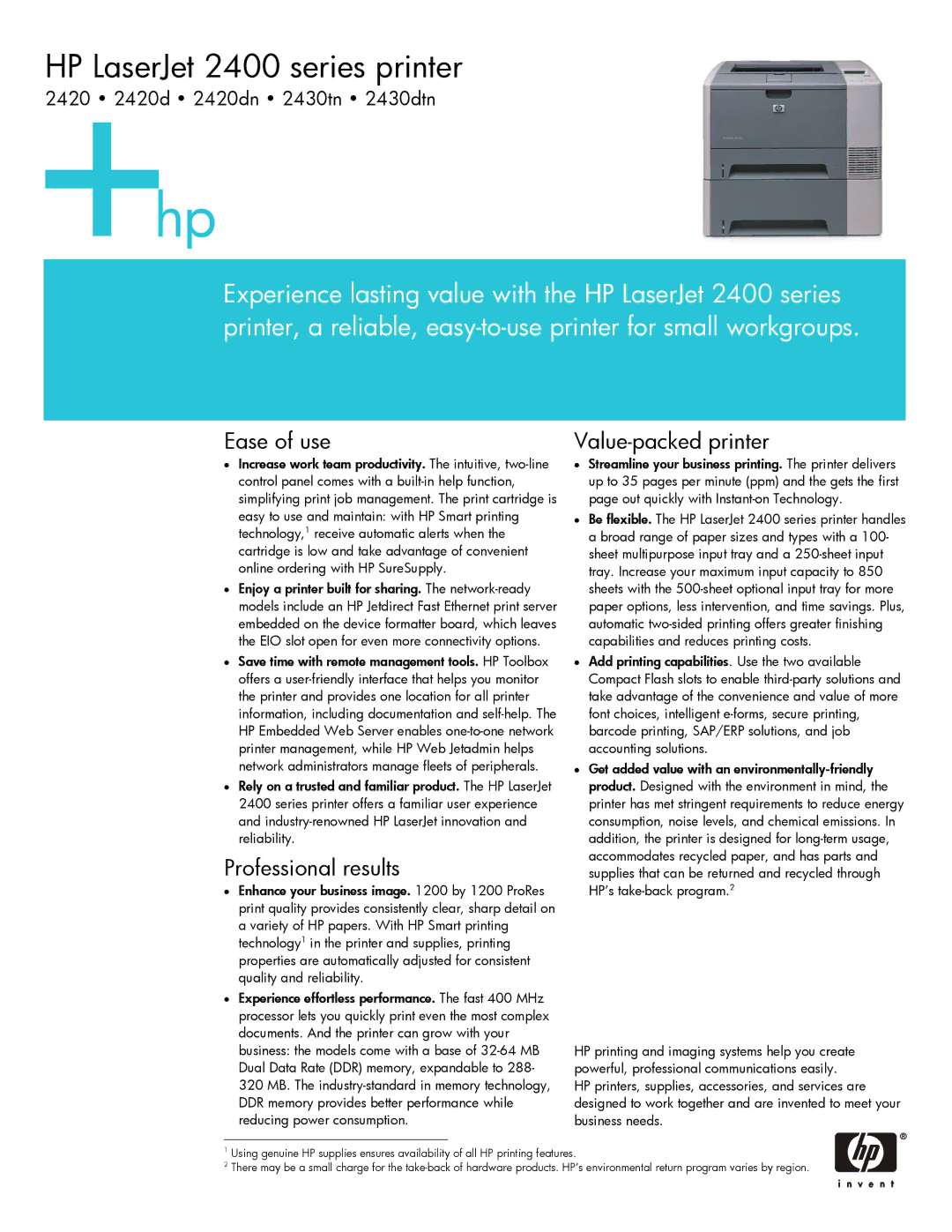 HP 2430dtn, 2430tn, 2420dn manual Ease of use, Professional results, Value-packed printer 