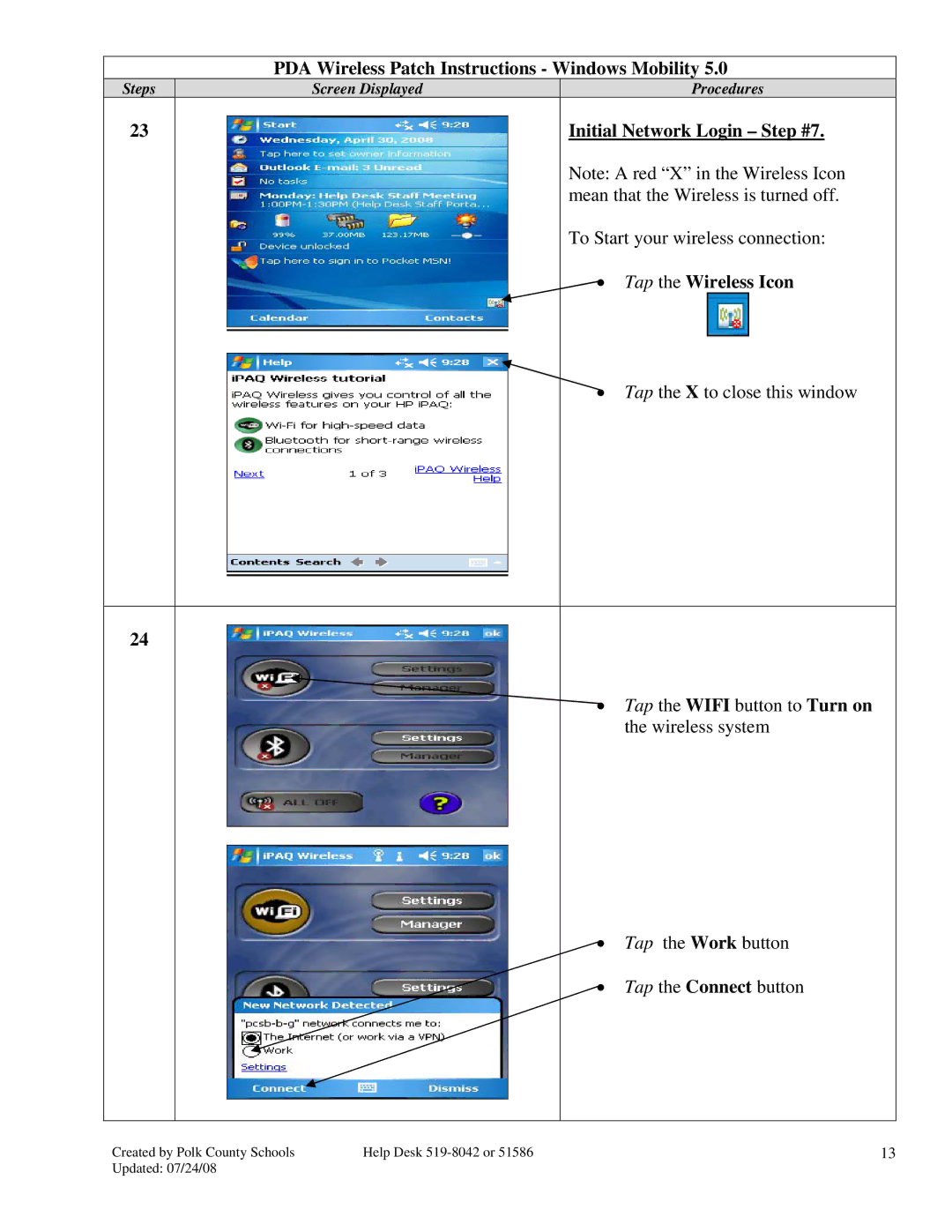 HP 2490 manual Initial Network Login Step #7, Tap the Wireless Icon 