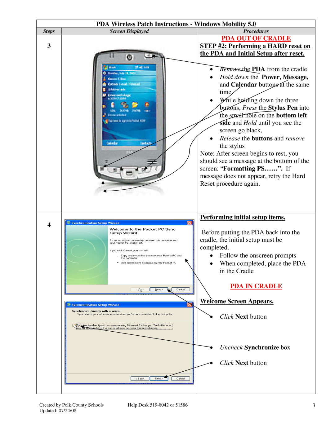 HP 2490 manual Step #2 Performing a Hard reset on, PDA and Initial Setup after reset, Power, Message, Calendar 