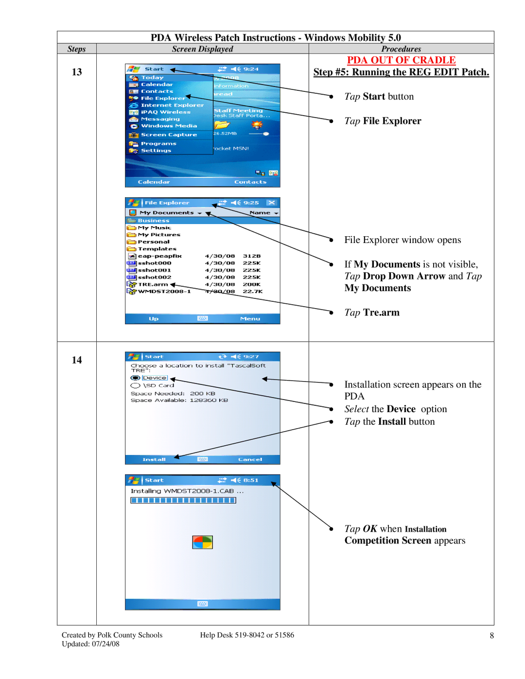 HP 2490 manual Step #5 Running the REG Edit Patch, Tap Start button, Tap File Explorer, My Documents Tap Tre.arm 