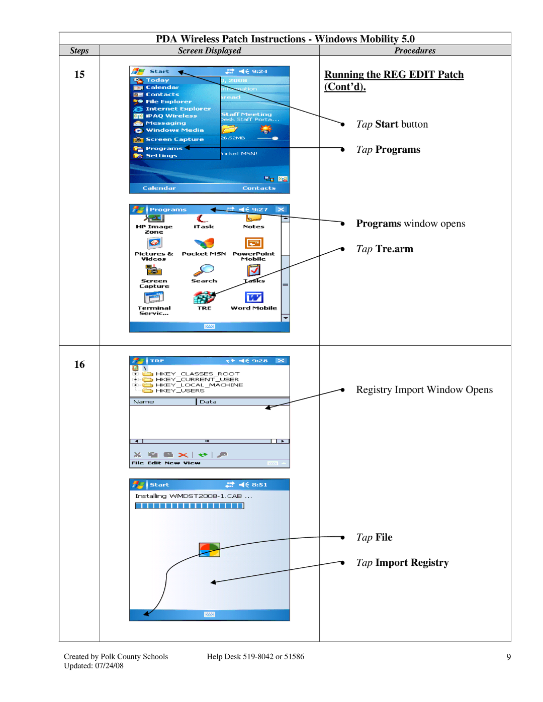 HP 2490 manual Running the REG Edit Patch Cont’d, Tap Programs, Tap Import Registry 