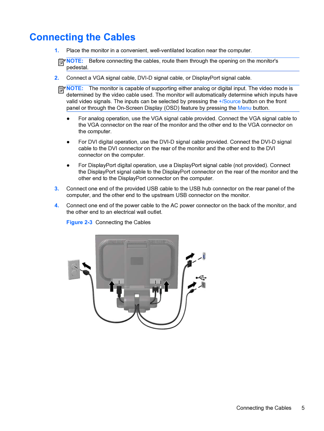 HP LA1905wg 19 NM360A8#ABA, 24IN MONITR A9P21A8#ABA, LA2205wg 22' NM274A8#ABA manual 3Connecting the Cables 