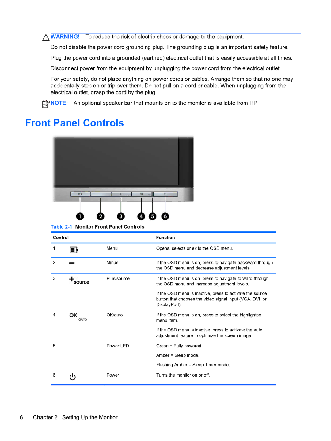 HP 24IN MONITR A9P21A8#ABA, LA2205wg 22' NM274A8#ABA, LA1905wg 19 NM360A8#ABA manual 1Monitor Front Panel Controls 