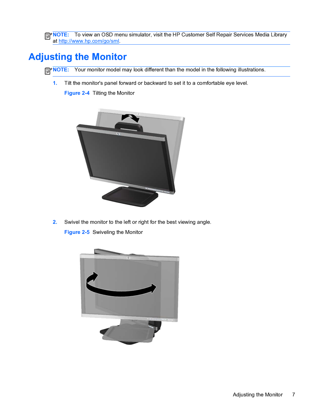 HP LA2205wg 22' NM274A8#ABA, 24IN MONITR A9P21A8#ABA, LA1905wg 19 NM360A8#ABA manual Adjusting the Monitor 