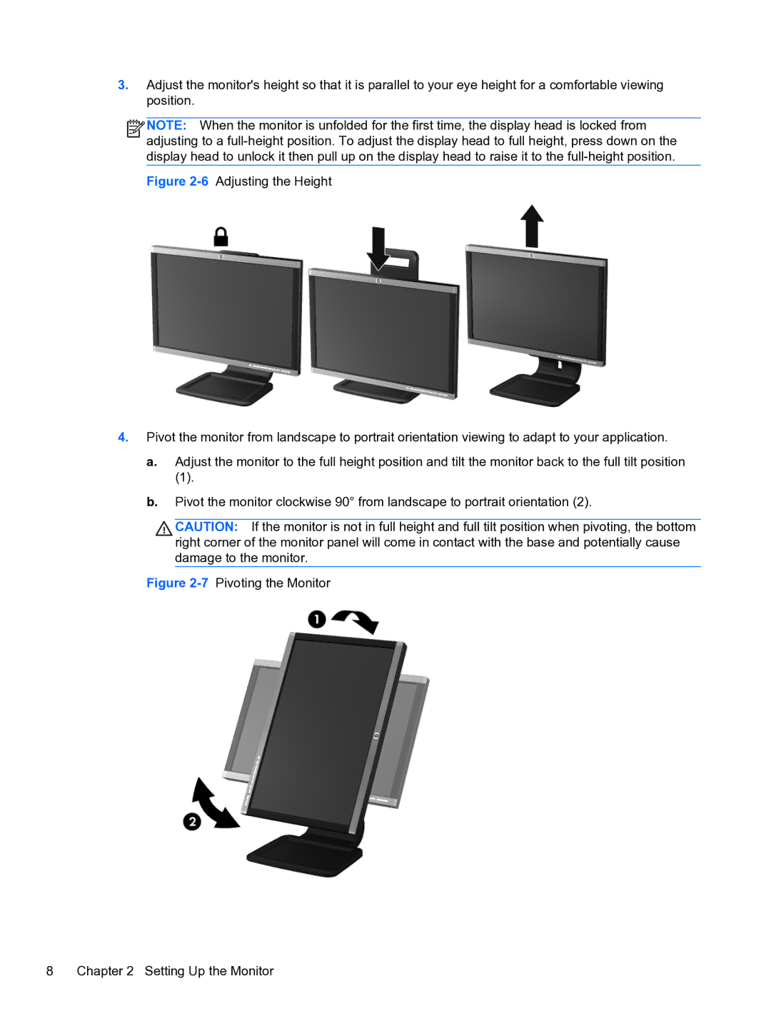 HP LA1905wg 19 NM360A8#ABA, 24IN MONITR A9P21A8#ABA, LA2205wg 22' NM274A8#ABA 7Pivoting the Monitor Setting Up the Monitor 