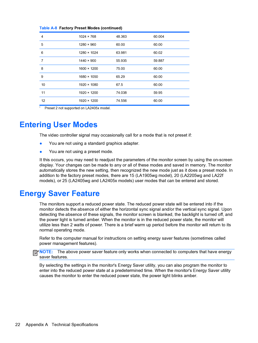 HP LA2205wg 22' NM274A8#ABA, 24IN MONITR A9P21A8#ABA, LA1905wg 19 NM360A8#ABA Entering User Modes, Energy Saver Feature 